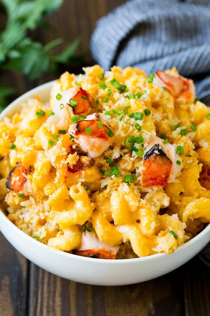Lobster mac and cheese topped with crunchy breadcrumbs.