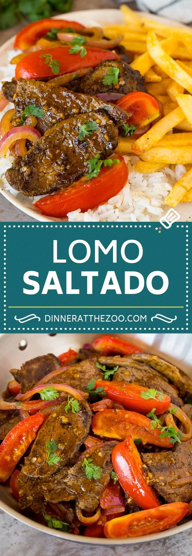 This lomo saltado is a classic Peruvian dish of tender beef that's stir fried with tomatoes and onions in a savory sauce, then served with french fries and steamed rice.
