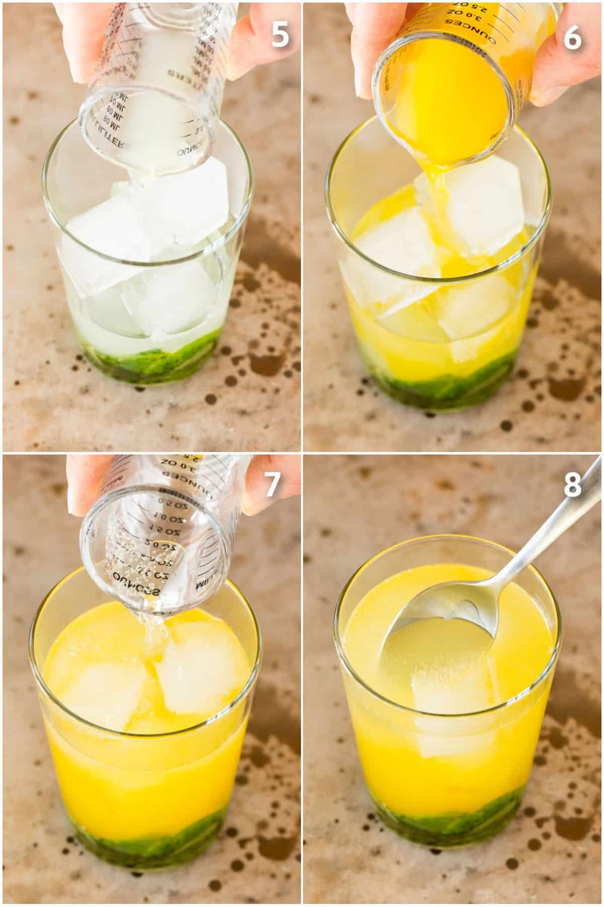 Lime juice, mango nectar and club soda being poured into a cocktail.