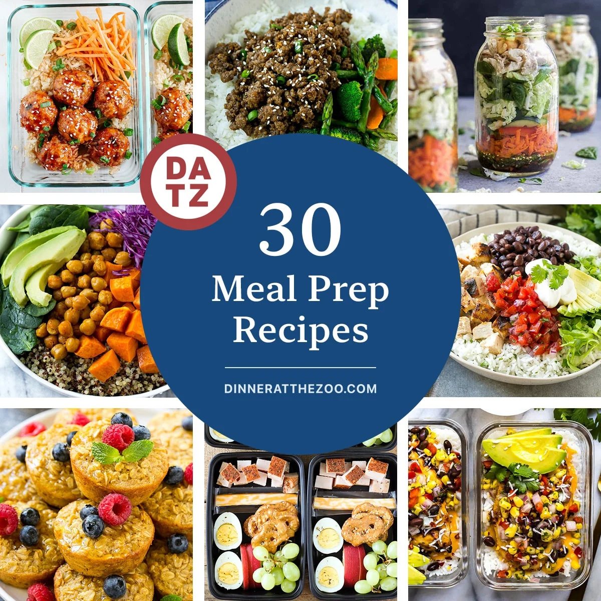 A group of tasty meal prep recipes including baked oatmeal cups, buddha bowls and burrito bowls.