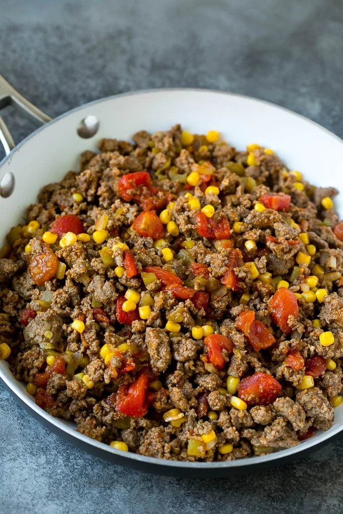 Ground beef cooked with tomatoes, green chilies and corn.