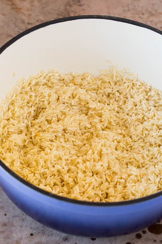 Toasted rice in a pot.