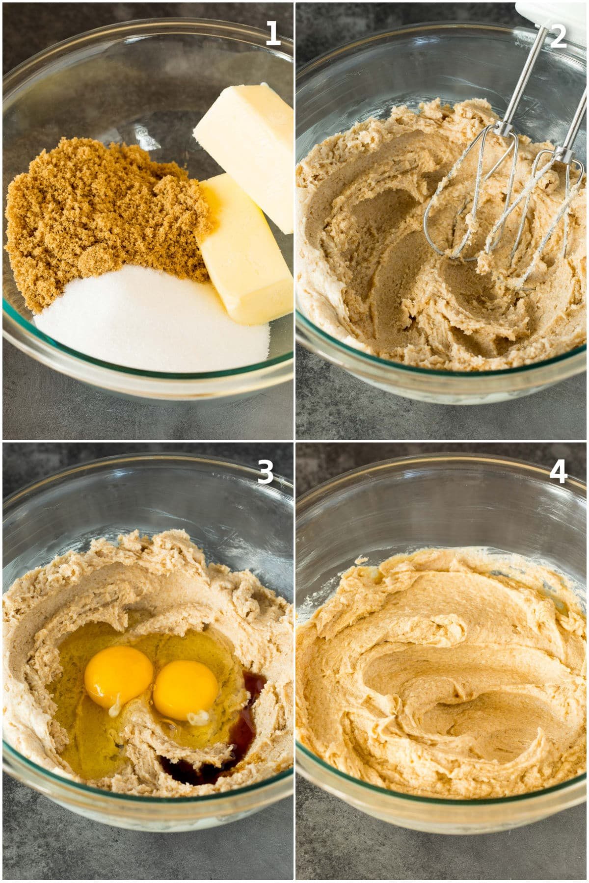 Cookie dough being prepared in a mixer.