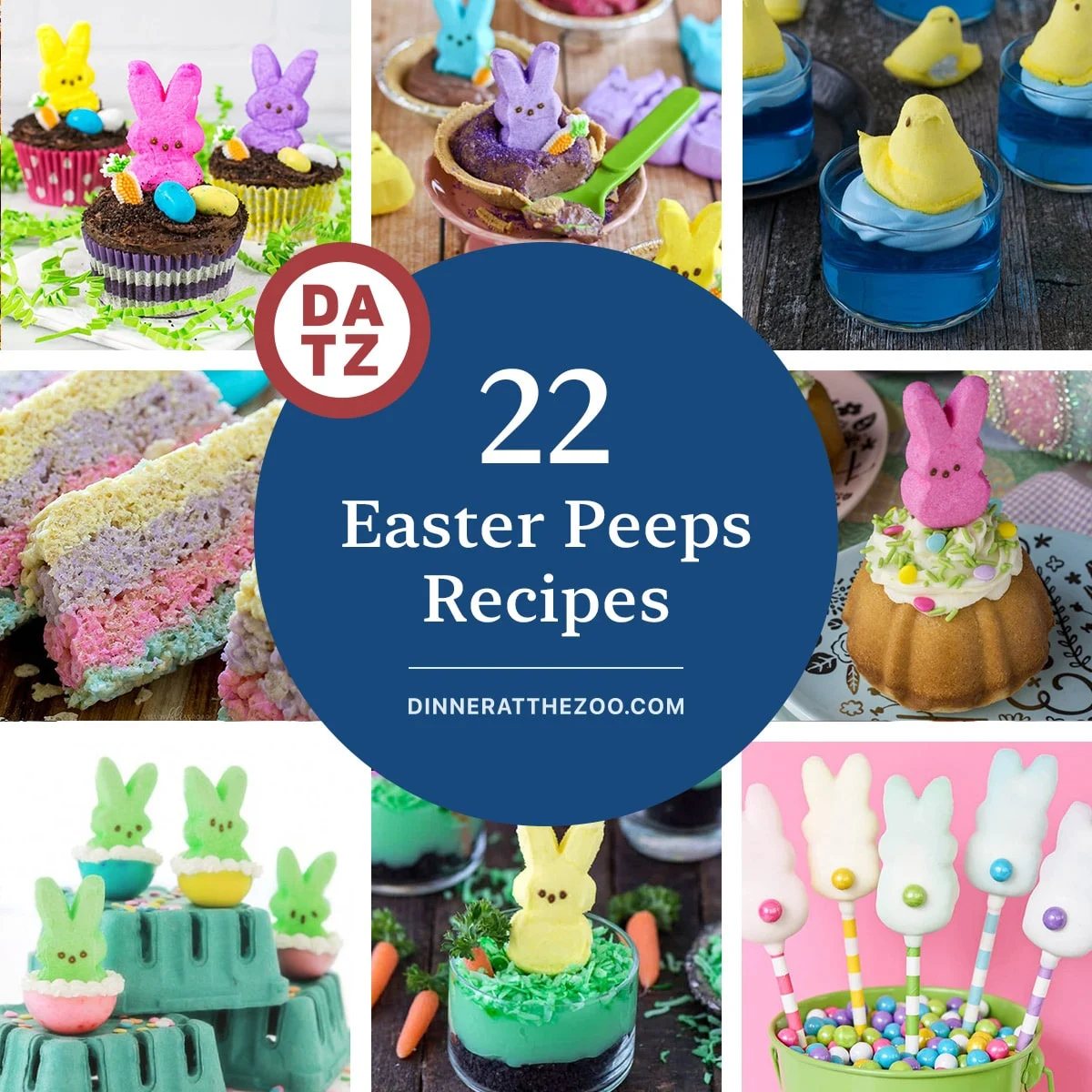 A collection of irresistible Easter Peeps recipes such as layered Peeps crunchy rice treats, Easter dirt cupcakes and Peep-stuffed jello shots.