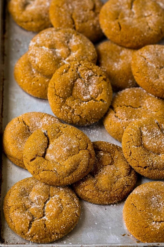 Baked cookies on a sheet pan.