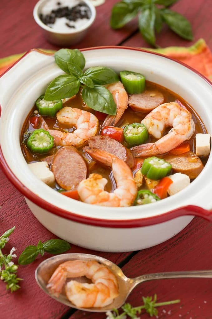 This one pot chicken and shrimp gumbo is a healthy and easy meal that's ready in just 30 minutes!