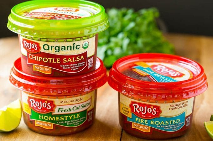 Tubs of Rojo's brand salsa.