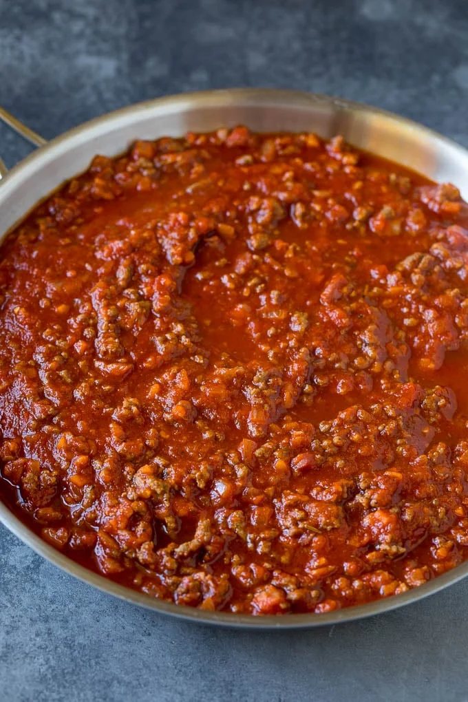 Meat sauce for pasta in a skillet.