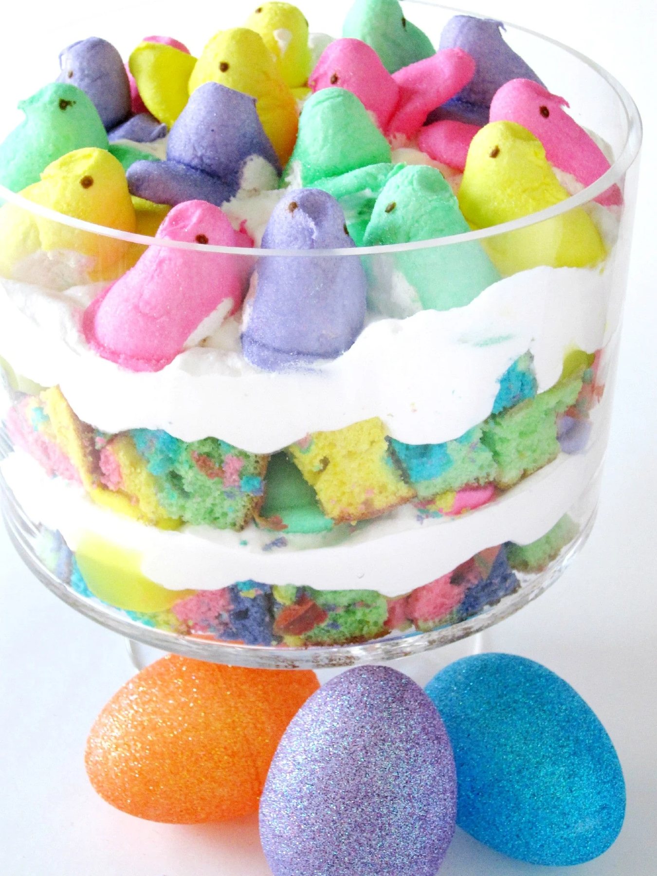 An image of a rainbow peeps trifle.