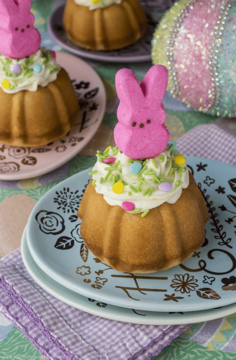 An image of a mini Bundt cake with a peeps candy on top.