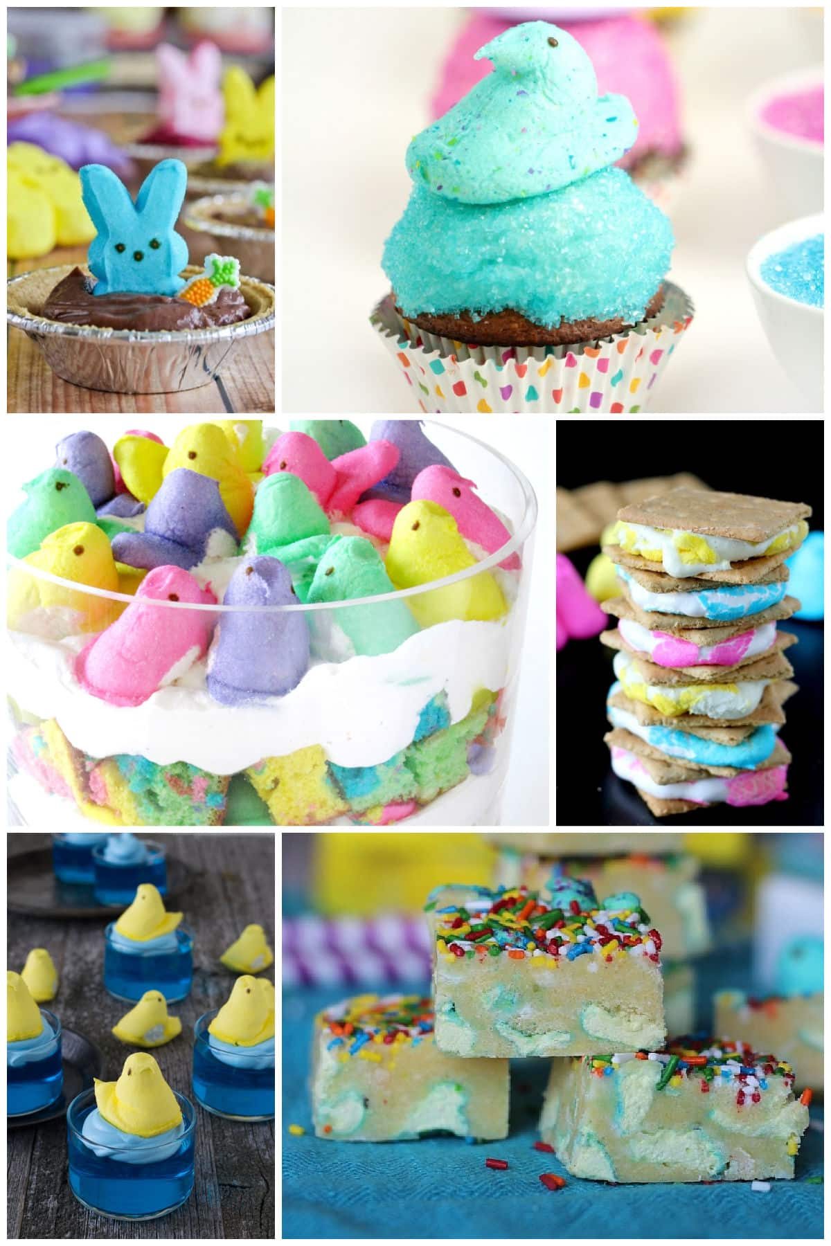 Several images of Easter desserts such as a rainbow Peeps trifle, Peeps s’mores and Easter Peeps cupcakes.