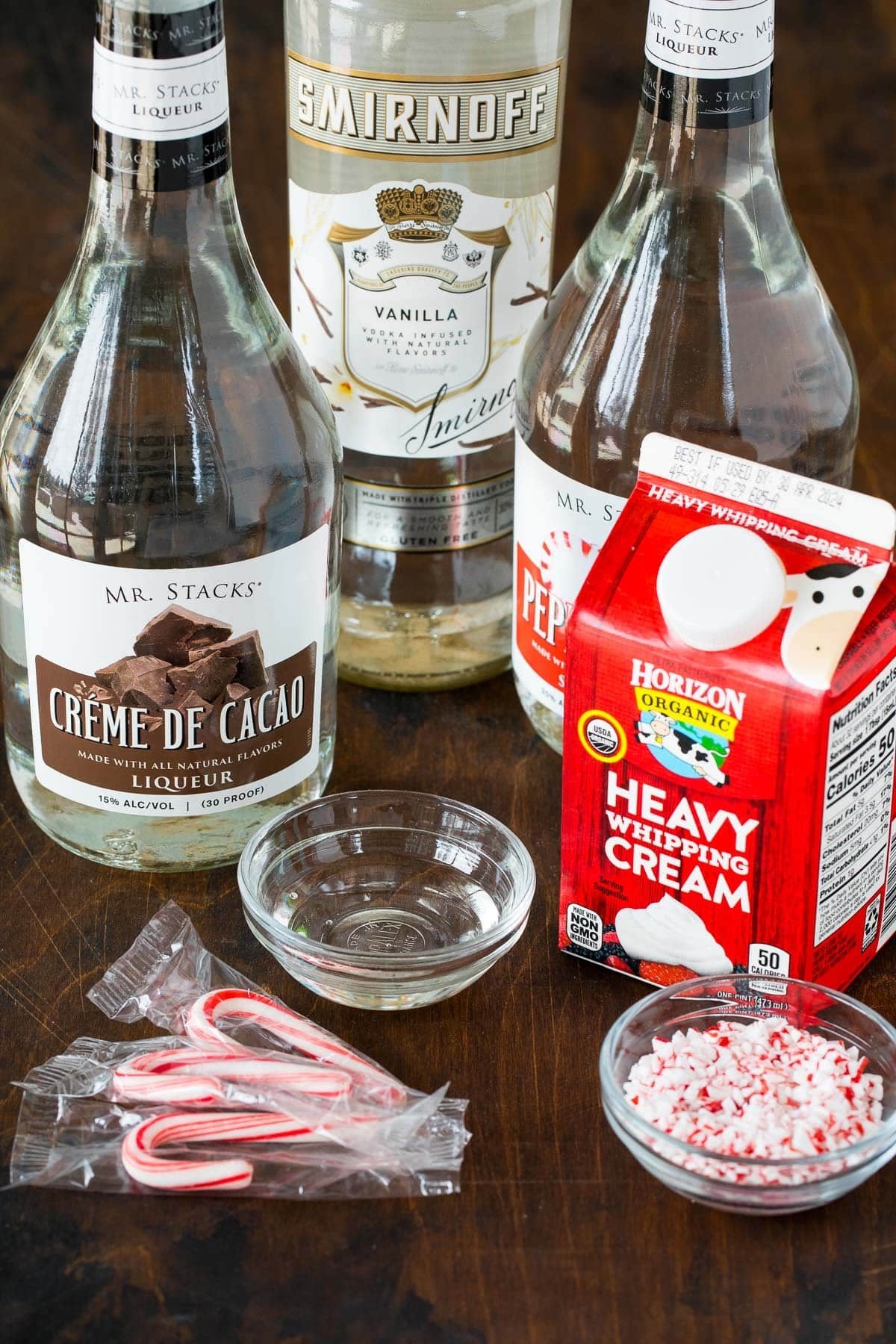 Ingredients including chocolate liqueur, peppermint schnapps, heavy cream and vanilla vodka.