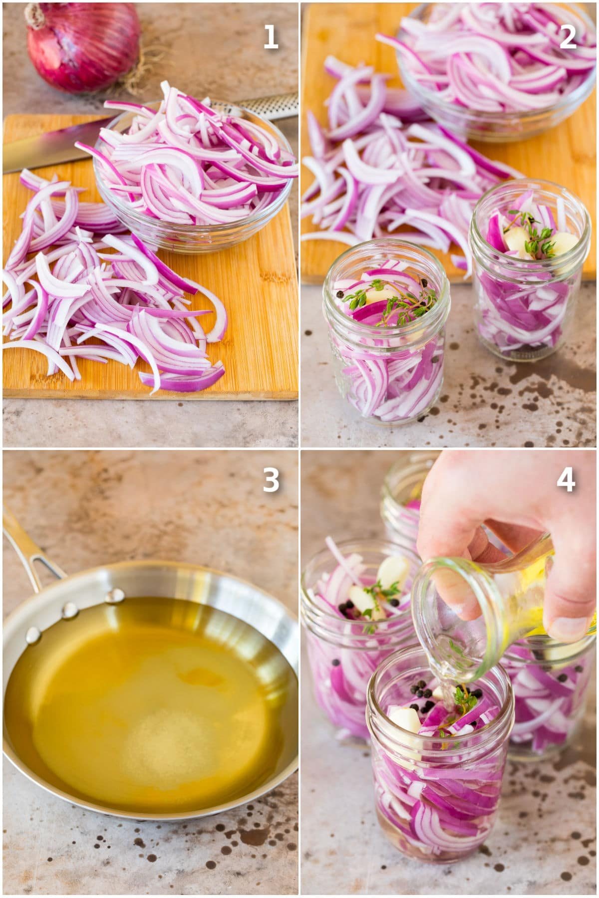 Step by step process shots showing how to pickle red onions.