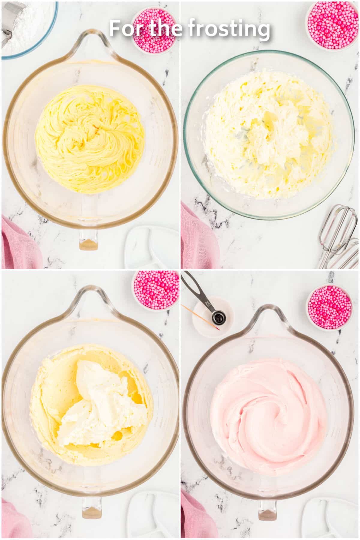 Butter, cream cheese and powdered sugar in a mixing bowl to make frosting.