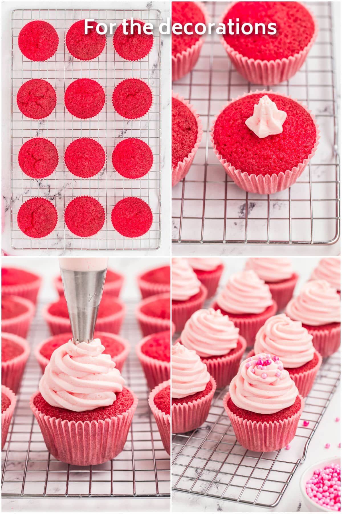 A piping bag adding frosting on top of pink cupcakes.