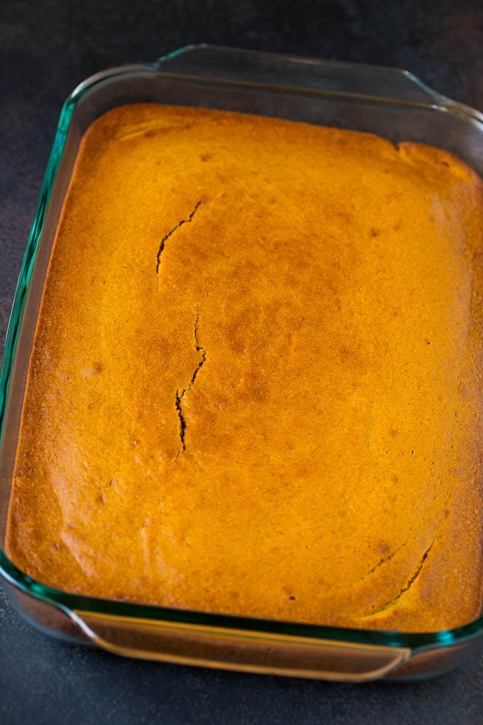 A baked base in a glass dish ready for frosting.