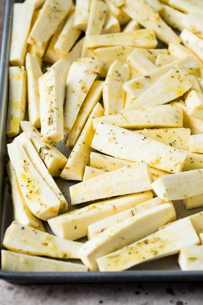 Root vegetables coated in olive oil, herbs and garlic.