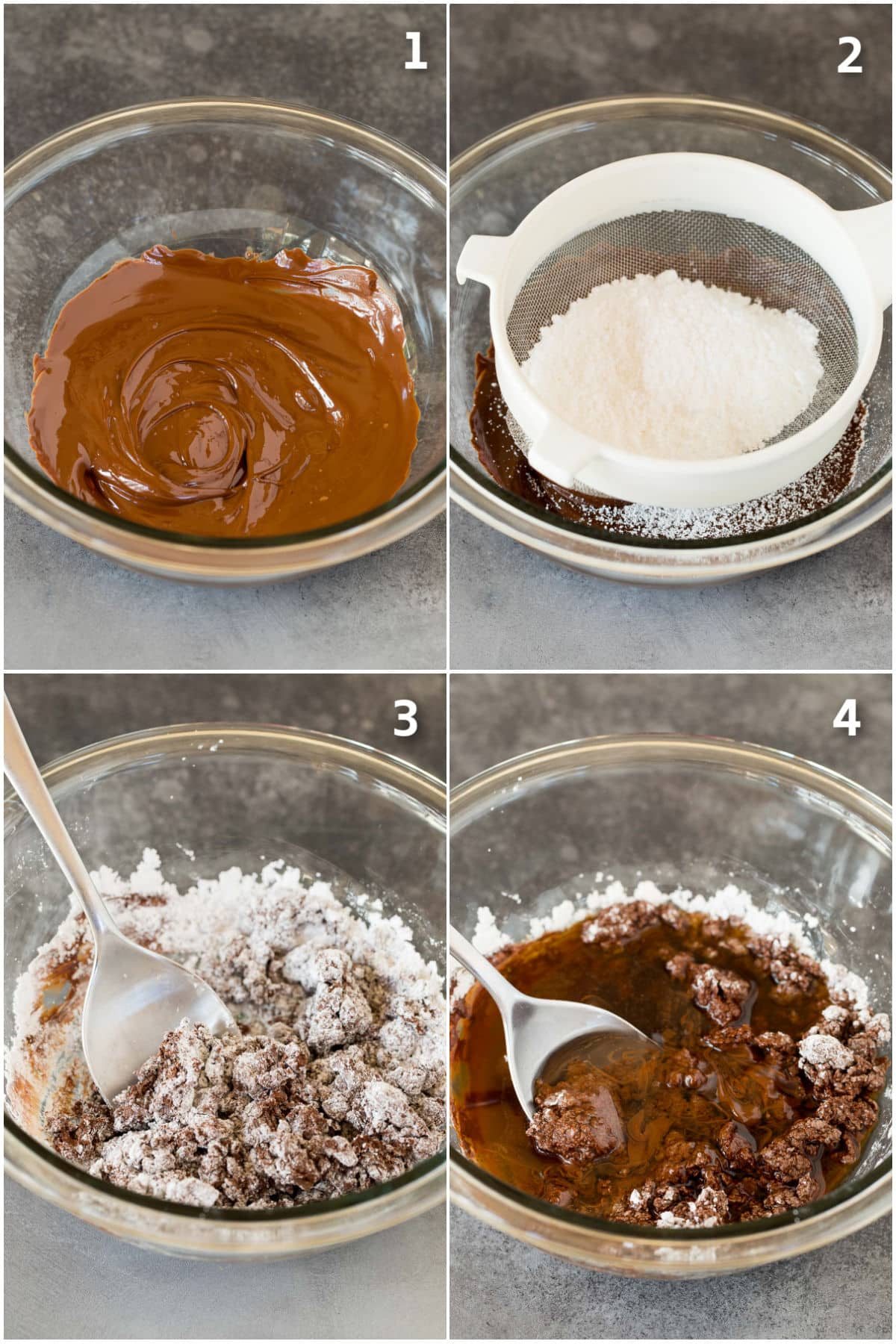 Step by step process shots showing melted chocolate being mixed with powdered sugar and other ingredients.