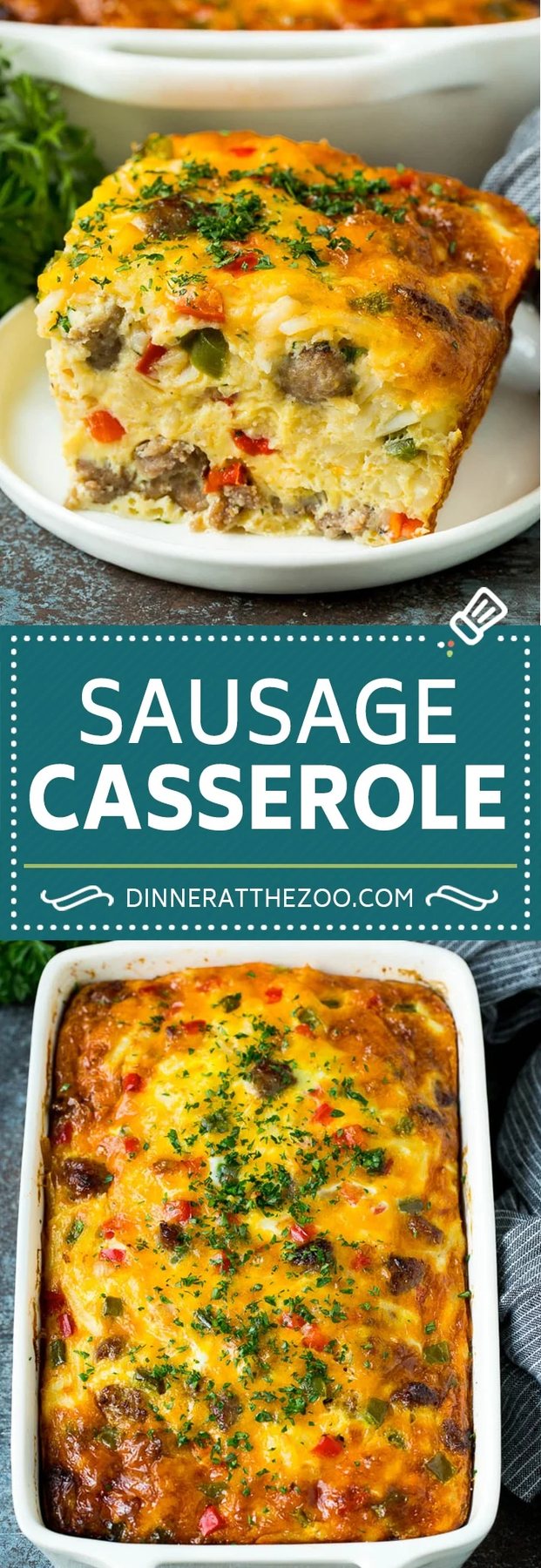 This sausage casserole is breakfast sausage cooked with peppers and onions, then combined with hash browns, eggs and cheese and baked to golden brown perfection.