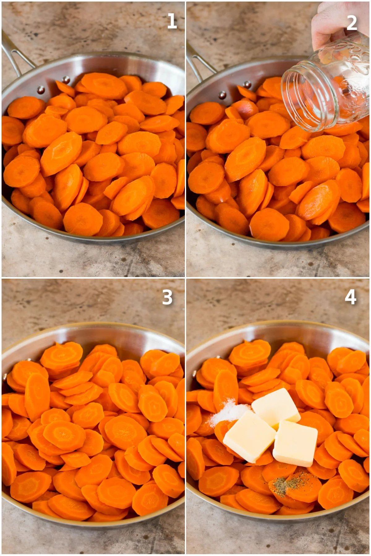 Step by step shots showing how to cook carrots.