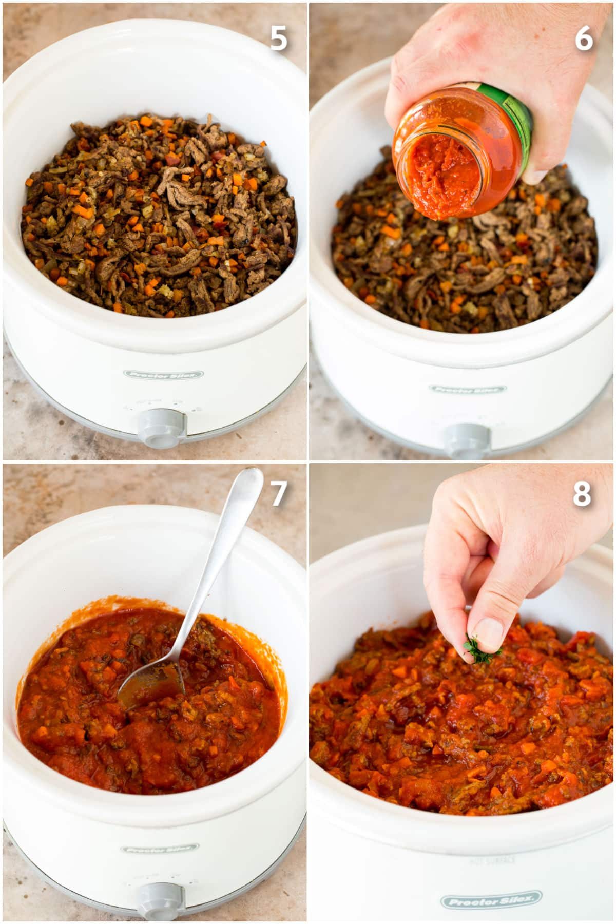 Process shots showing beef being mixed with tomato products and cooked.