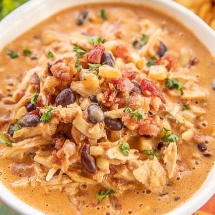 An image of a bowl of cream cheese crack chicken chili.