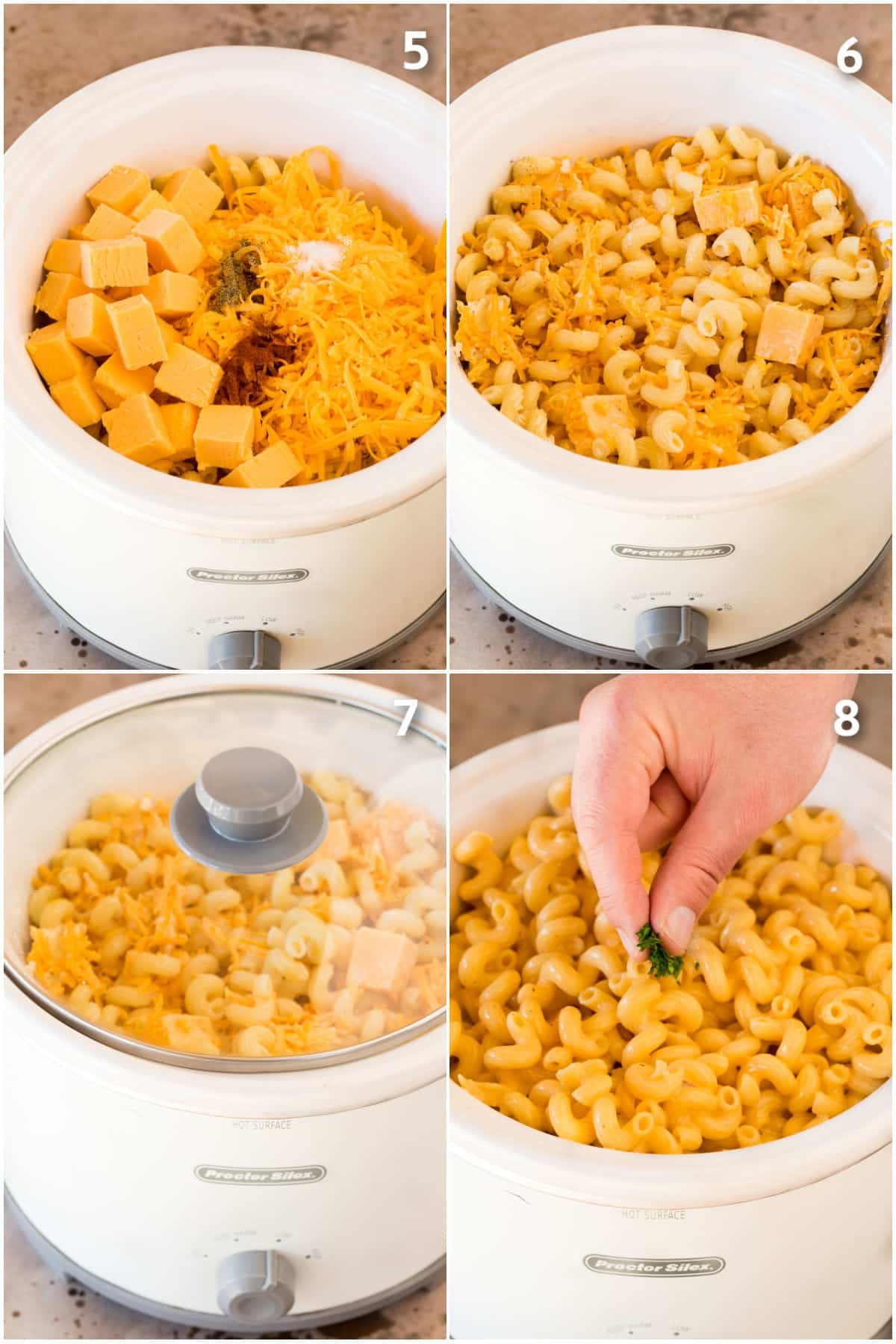 Process shots showing crock pot mac and cheese being made.