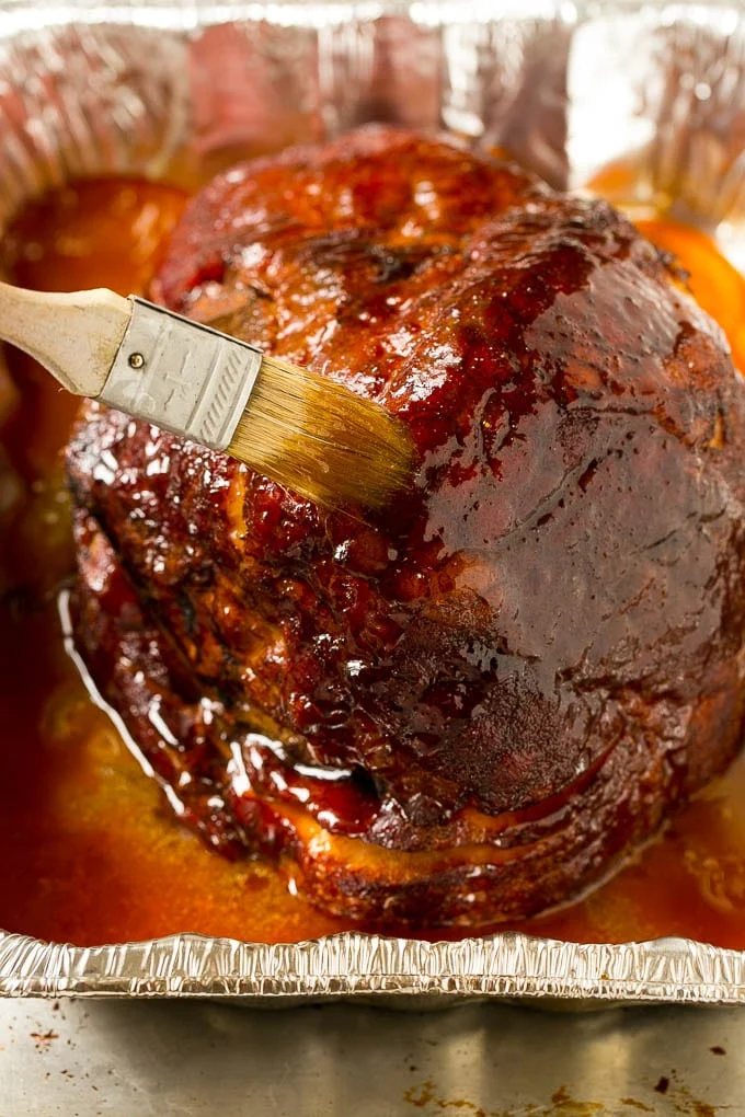 Brown sugar glaze brushed on the pork.