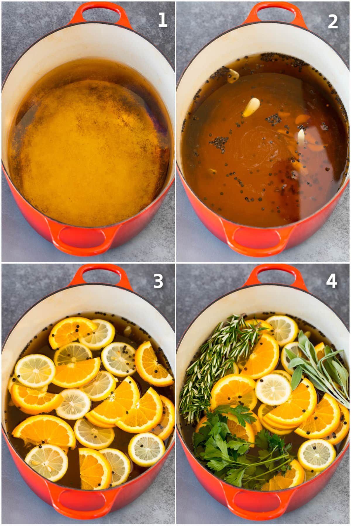Step by step process shots showing how to make smoked turkey brine.