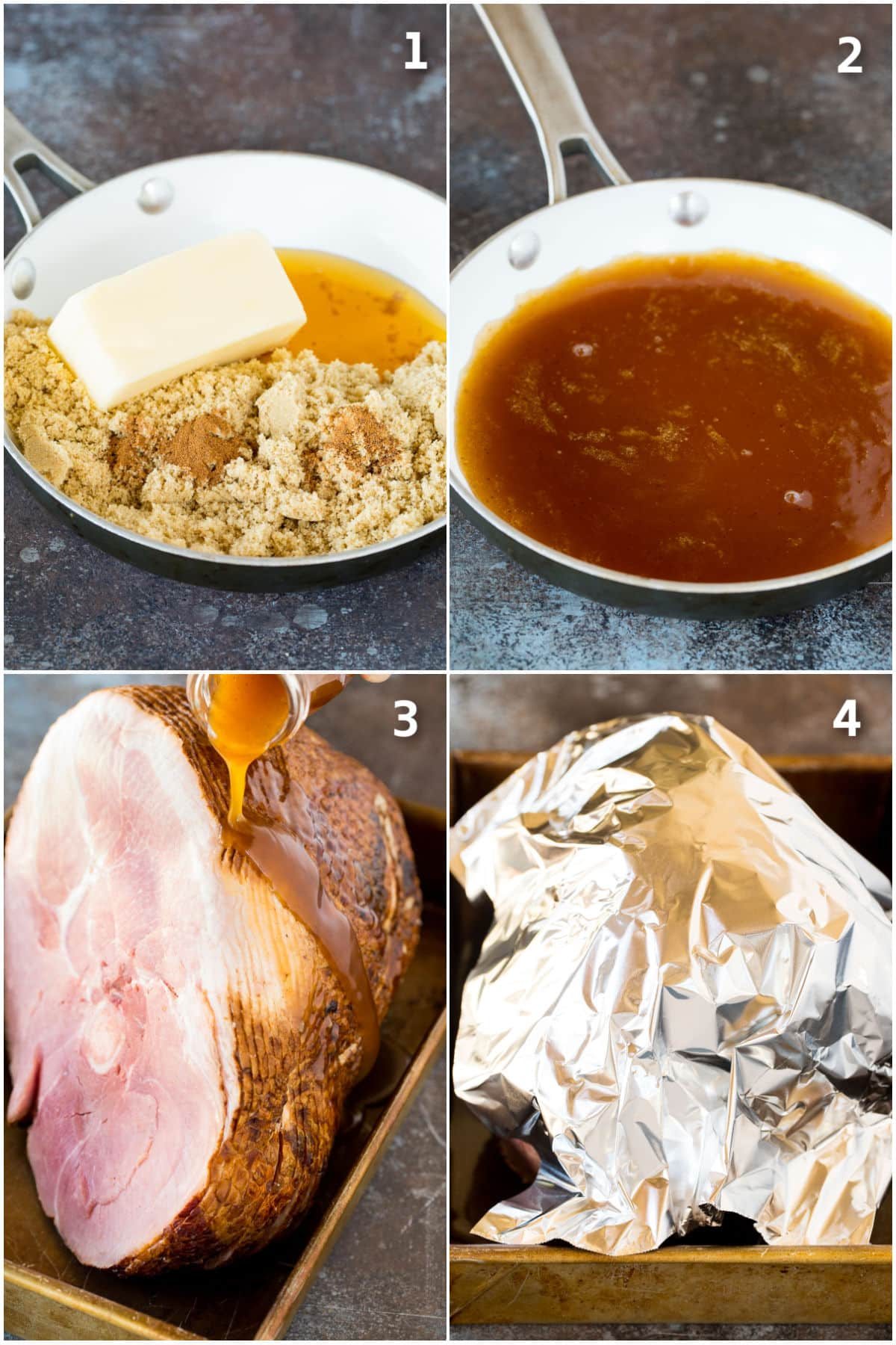 Step by step shots showing how to make glaze and cook spiral cut ham.