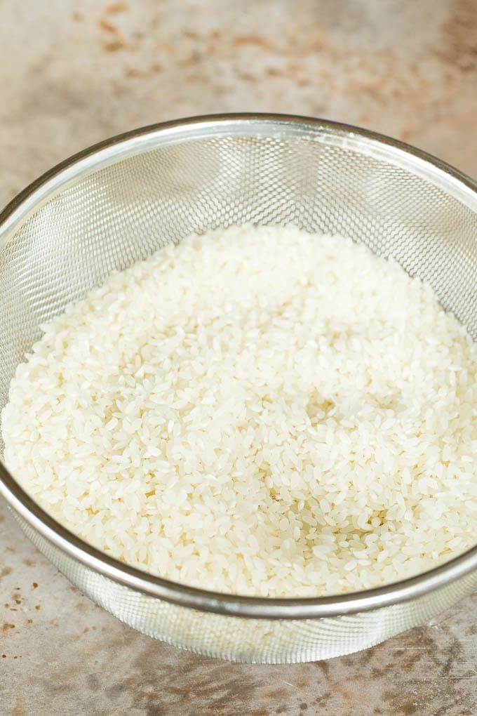 Rice in a colander.