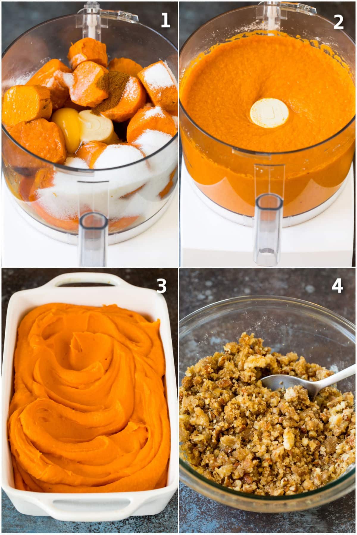 Step by step process shots showing how to make sweet potato souffle.