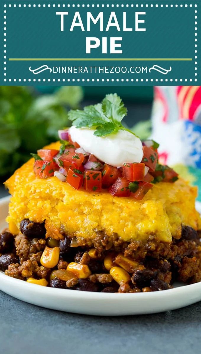 This tamale pie is seasoned ground beef, corn and beans baked together with cheddar cornbread to make a hearty and comforting casserole.