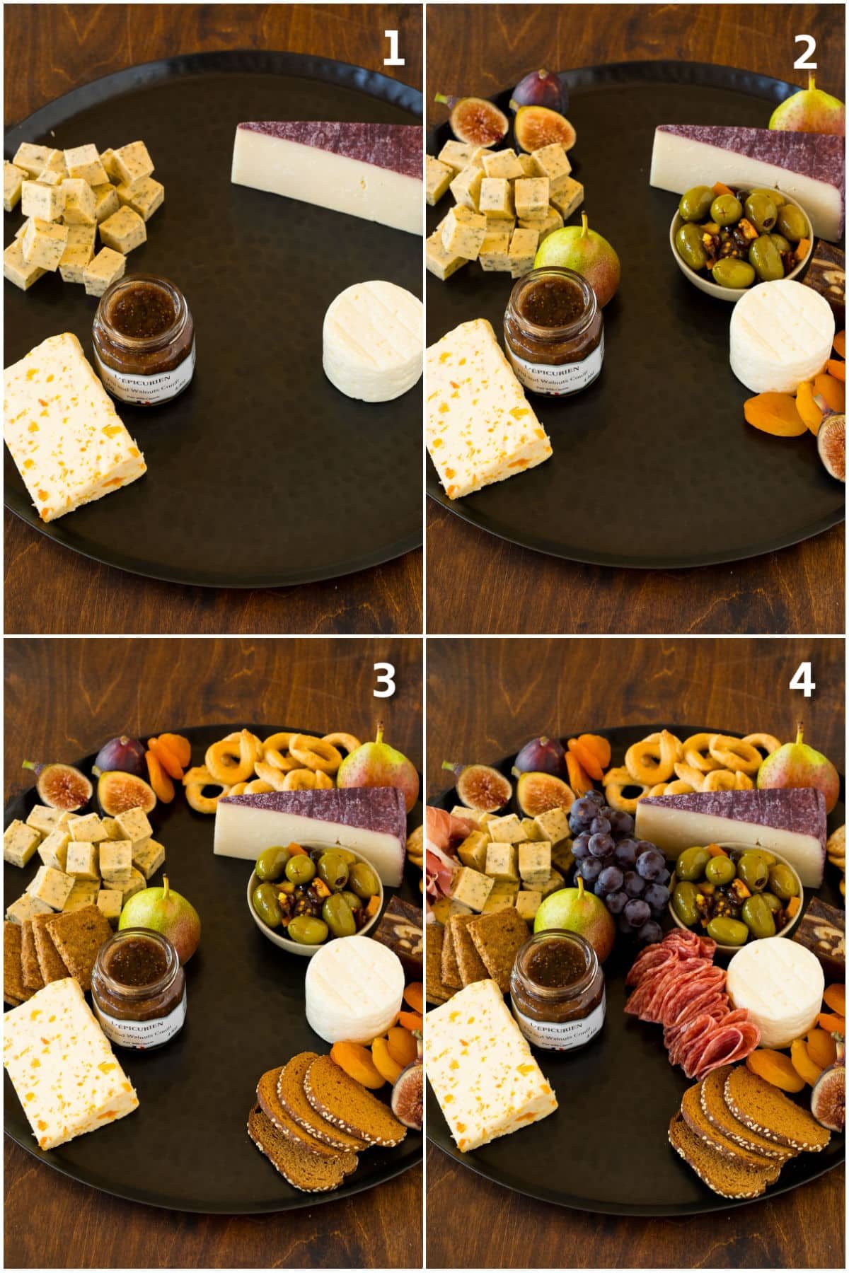 Step by step shots showing how to make a meat and cheese platter.