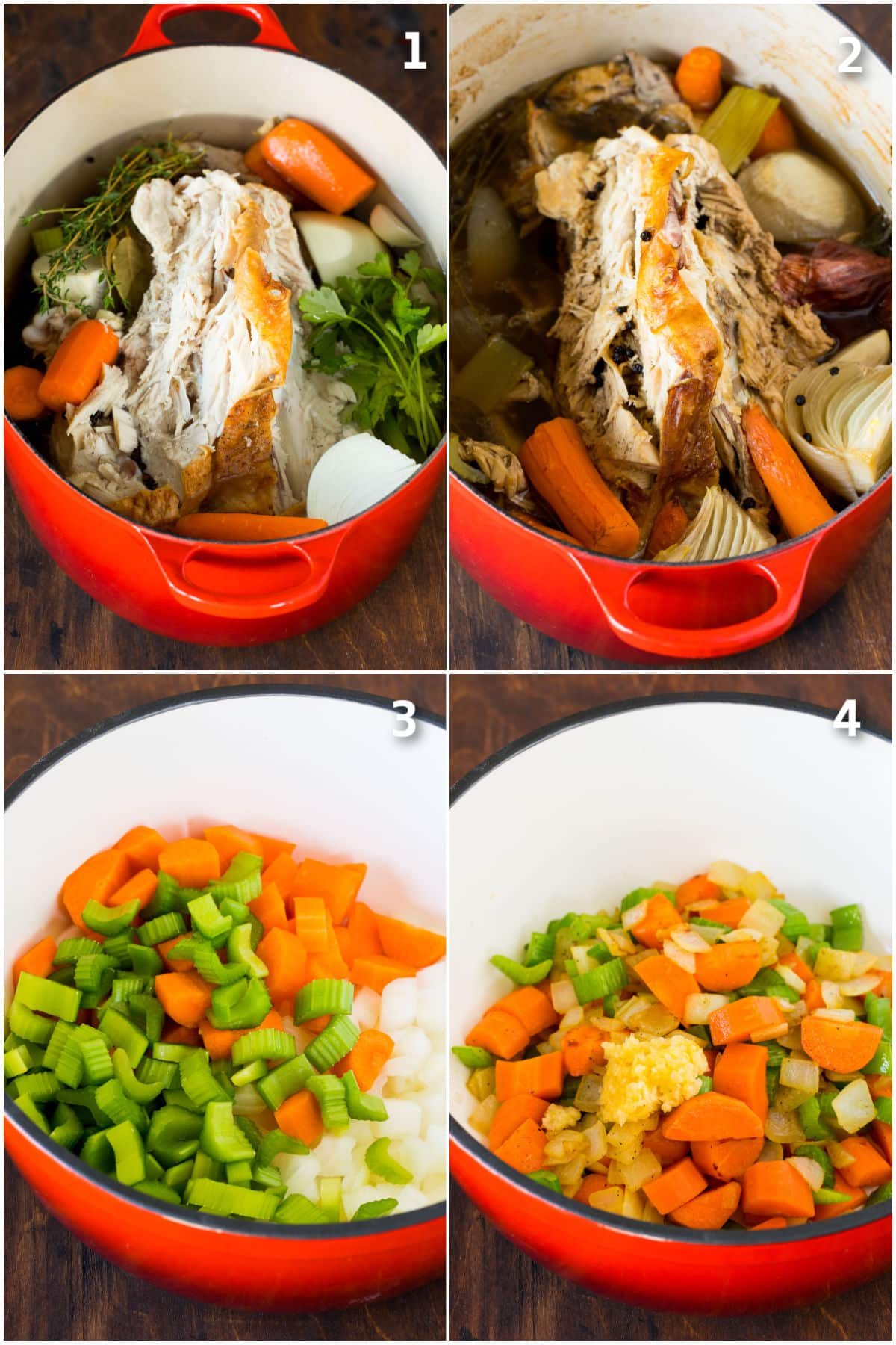 Turkey broth being made, and vegetables sauteed in a soup pot.
