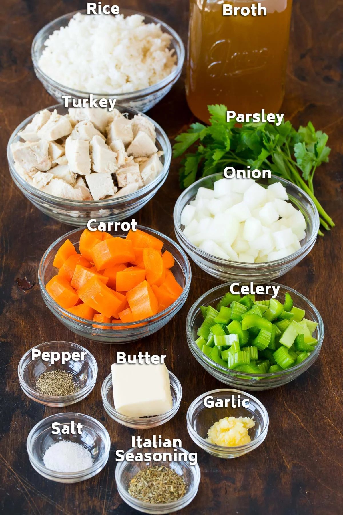Bowls of ingredients including turkey, vegetables, herbs and spices.