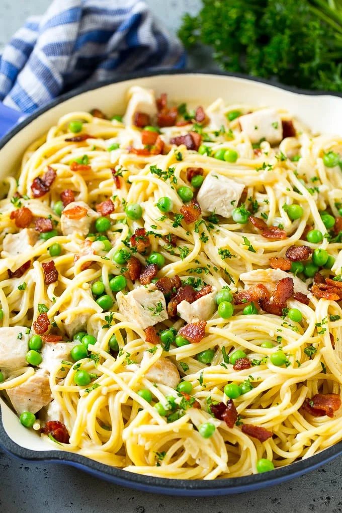 A skillet of turkey pasta carbonara with peas and bacon in a silky sauce.
