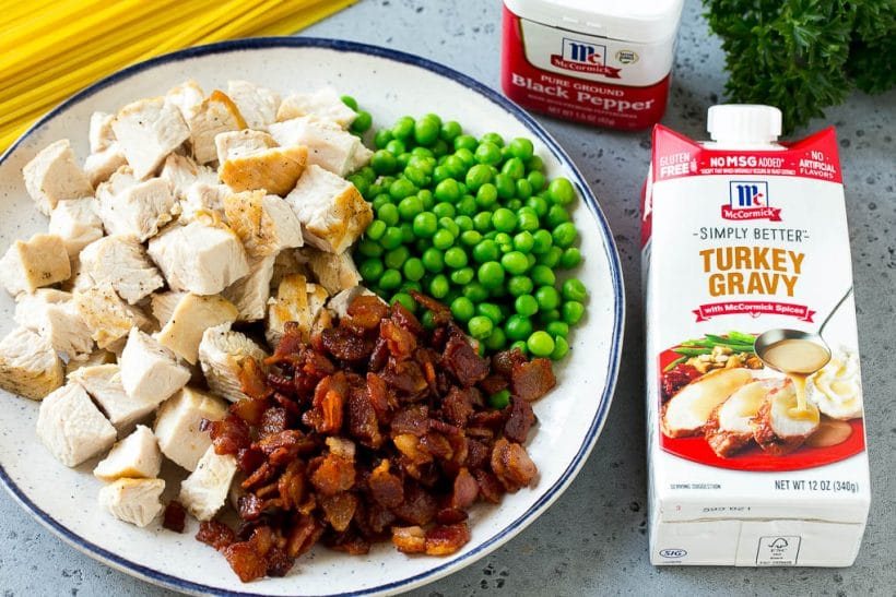 Ingredients to make turkey carbonara pasta including gravy, turkey, spaghetti, peas and bacon.