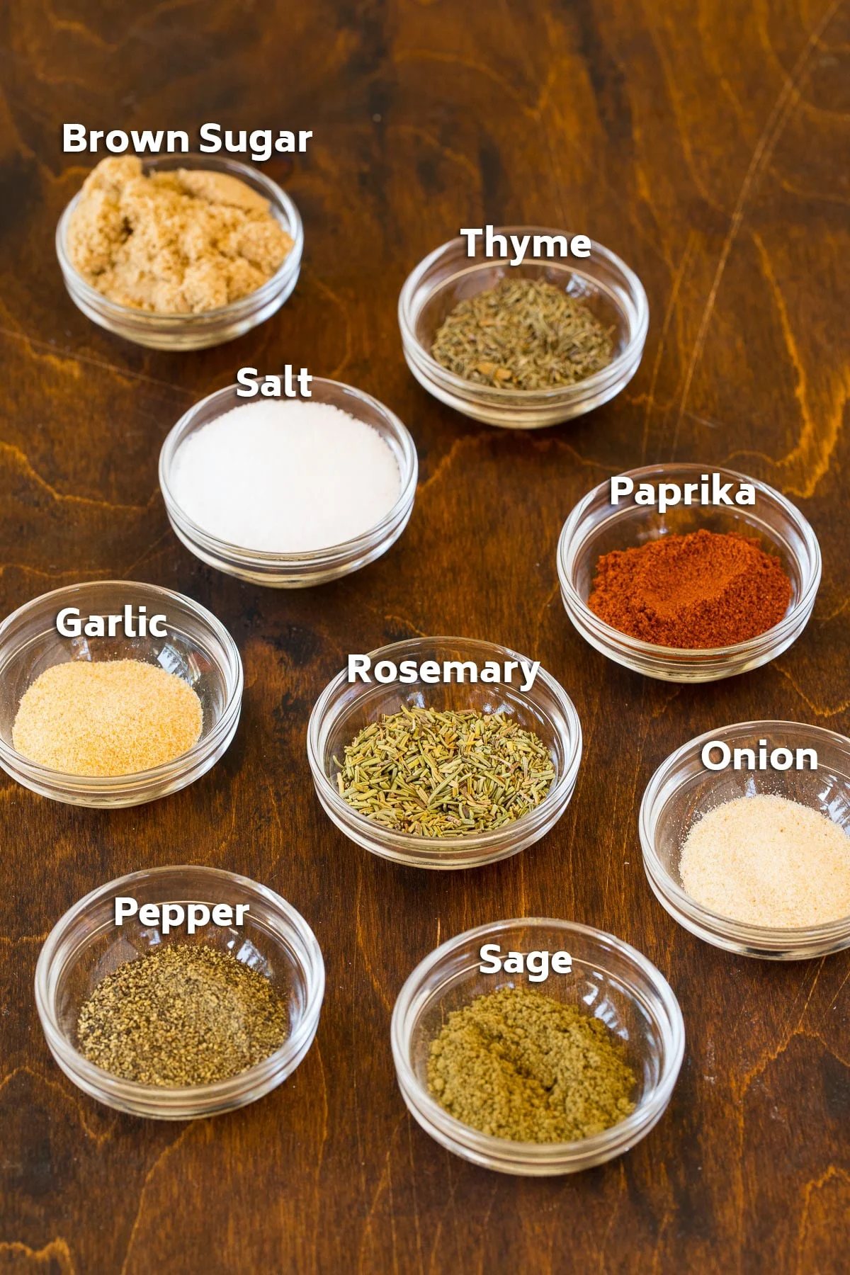 Bowls of salt, sugar, herbs and spices.