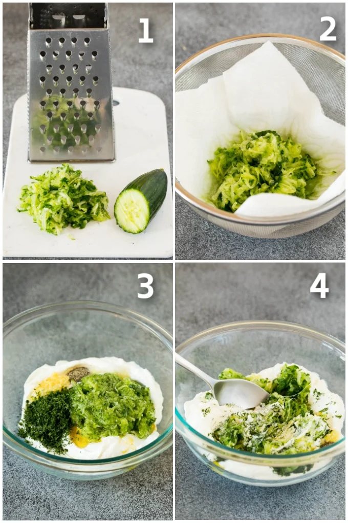 Process shots including grated cucumber, ingredients in a bowl, and a spoon stirring everything.