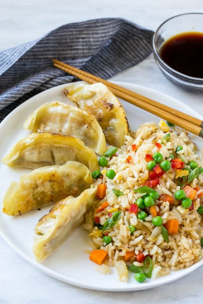 Potstickers served with veggie fried rice.