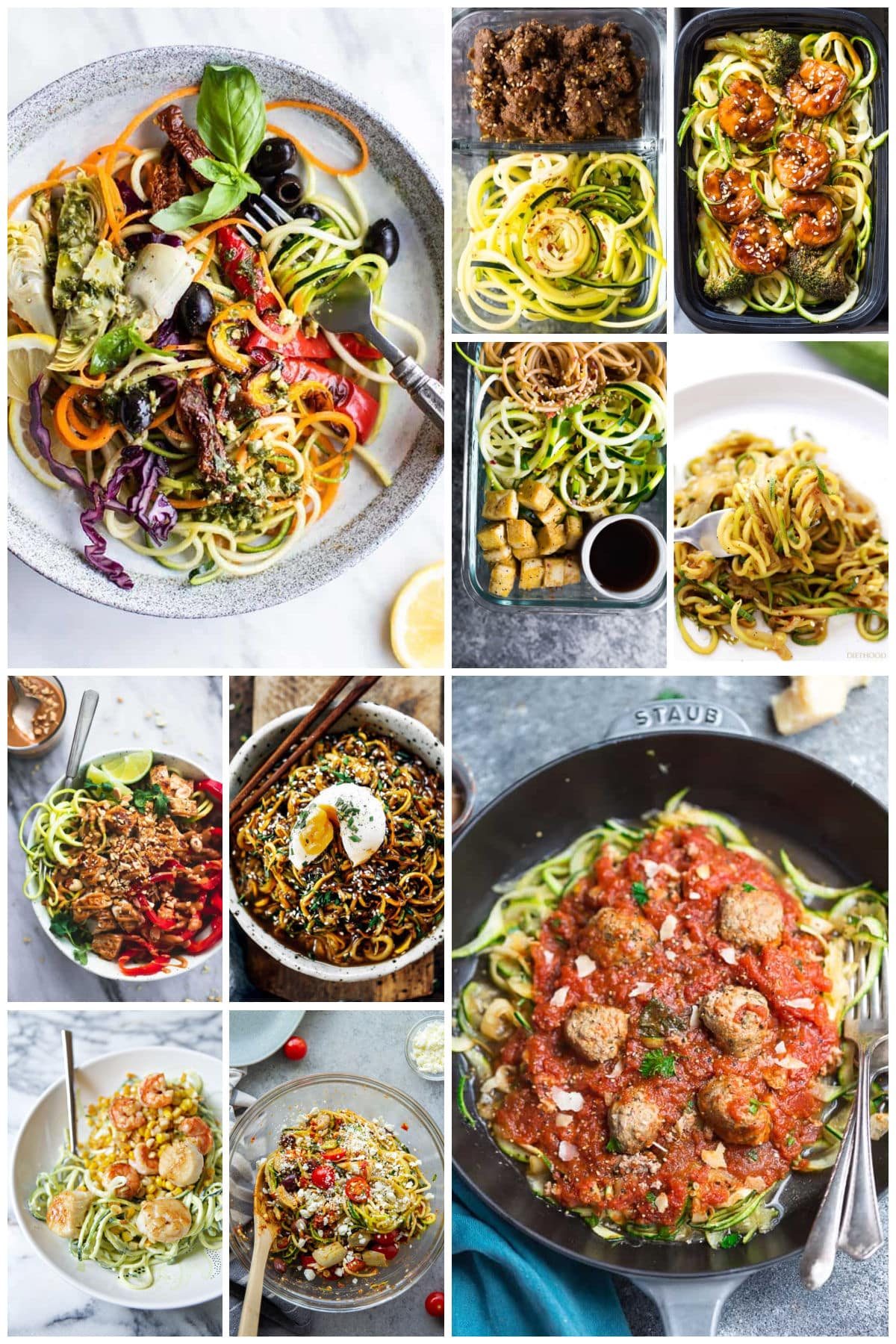 A group of lighter zucchini noodle recipes like sesame ginger zucchini noodles, shrimp teriyaki zoodles and Mediterranean zucchini noodle salad.
