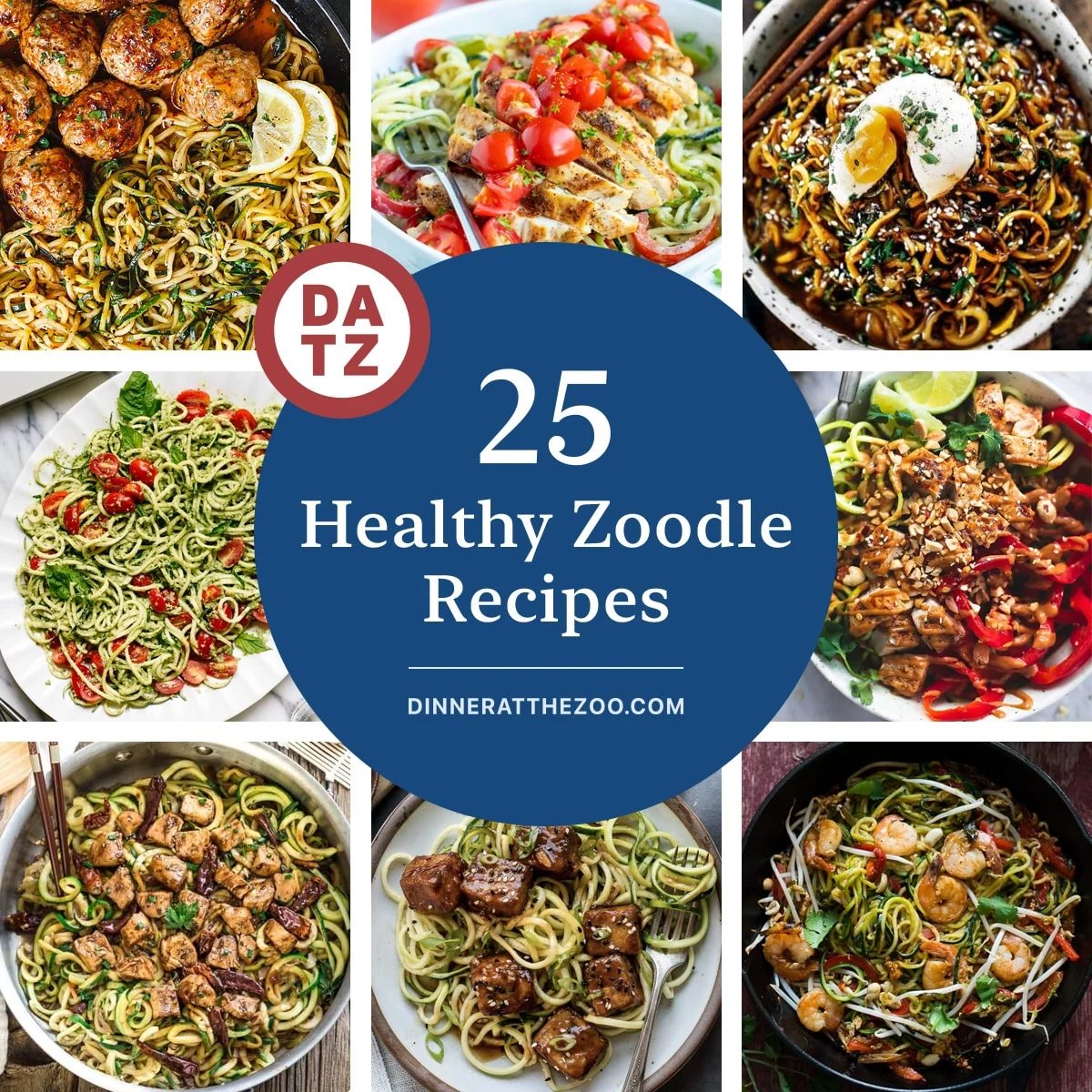 A group of healthy zoodle recipes such as Asian noodle bowls, crunchy tofu zucchini noodles and kung pao chicken zoodles.