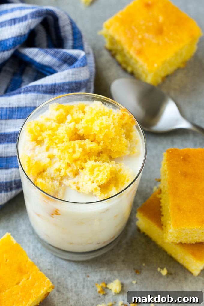 Cornbread in Milk | Southern Tradition A unique Southern tradition: warm cornbread crumbled into a glass of fresh milk, a comforting and nostalgic way to enjoy it.