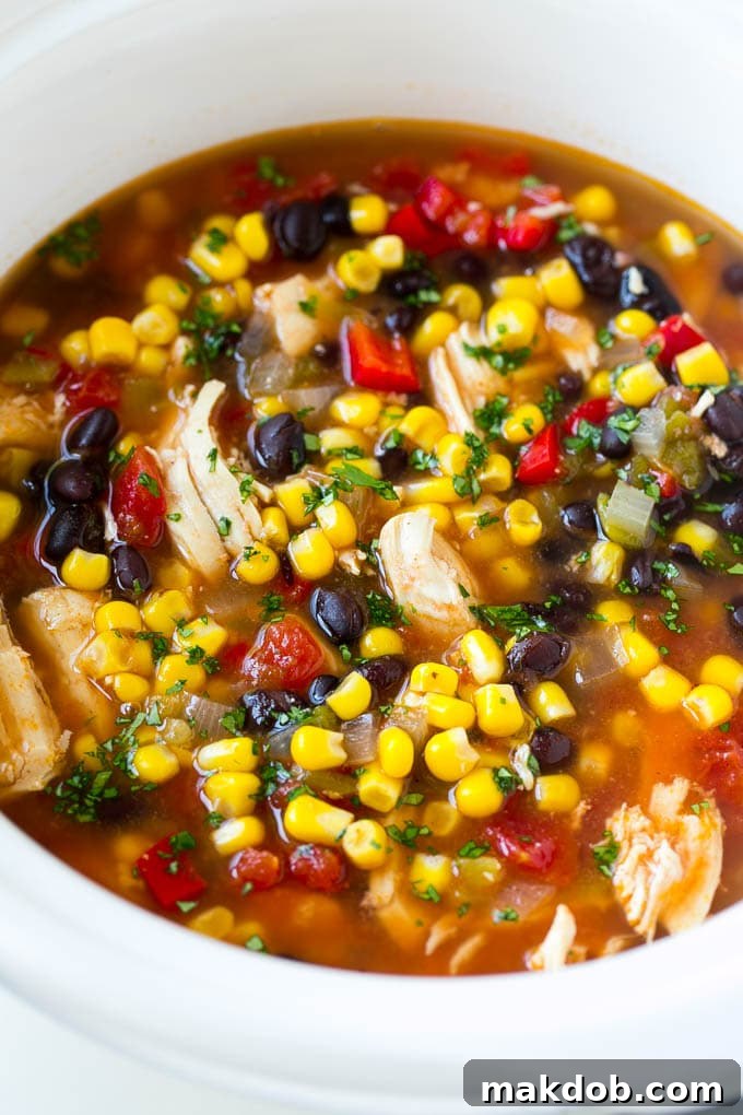 A slow cooker full of chicken tortilla soup.