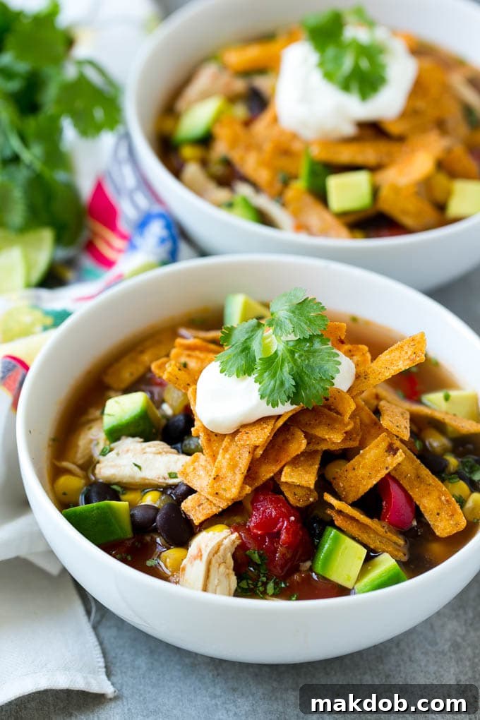 A bowl of slow cooker chicken tortilla soup topped with tortilla strips.