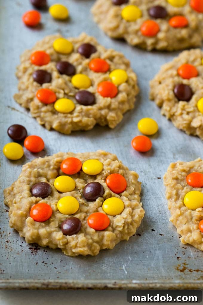 Quick & Easy No-Bake Peanut Butter Cookies Recipe with Candy Topping | Perfect for Any Occasion A sheet pan showcasing an array of freshly prepared no-bake peanut butter cookies, each perfectly formed and adorned with colorful candy toppings, set against a light background.