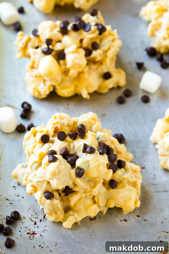 No bake avalanche cookies made with marshmallows, peanut butter and white chocolate displayed beautifully.