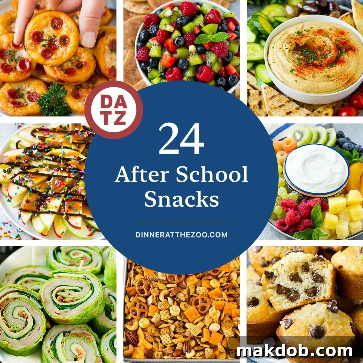 A vibrant selection of delicious after school snacks, including chocolate chip muffins, homemade hummus, and colorful fruit platters, perfect for energizing kids.