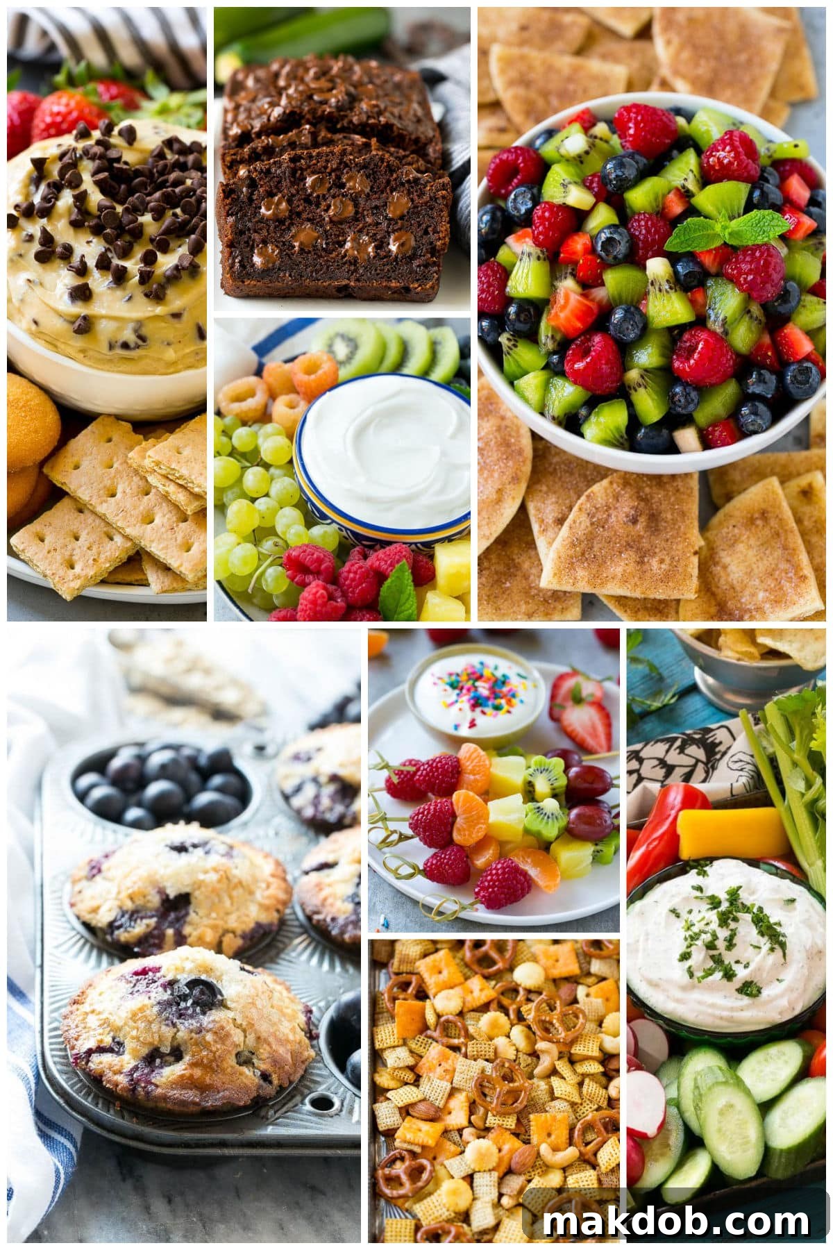 A collection of appealing after school snack ideas, including homemade blueberry muffins and vibrant fruit kabobs.
